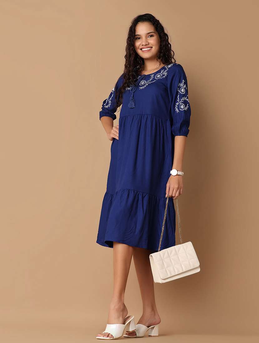 Women Navy Blue Rayon A Line Dress