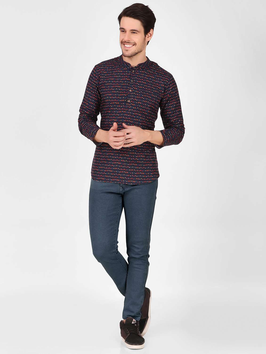 men mandarin neck printed short kurta - 21313756 - Standard Image - 3