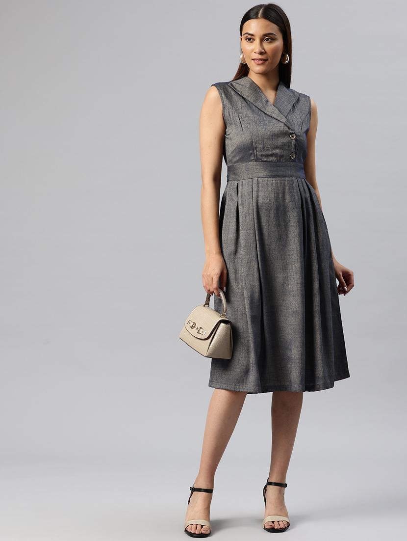 women solid overlap neck a-line dress - 21313886 - Standard Image - 3