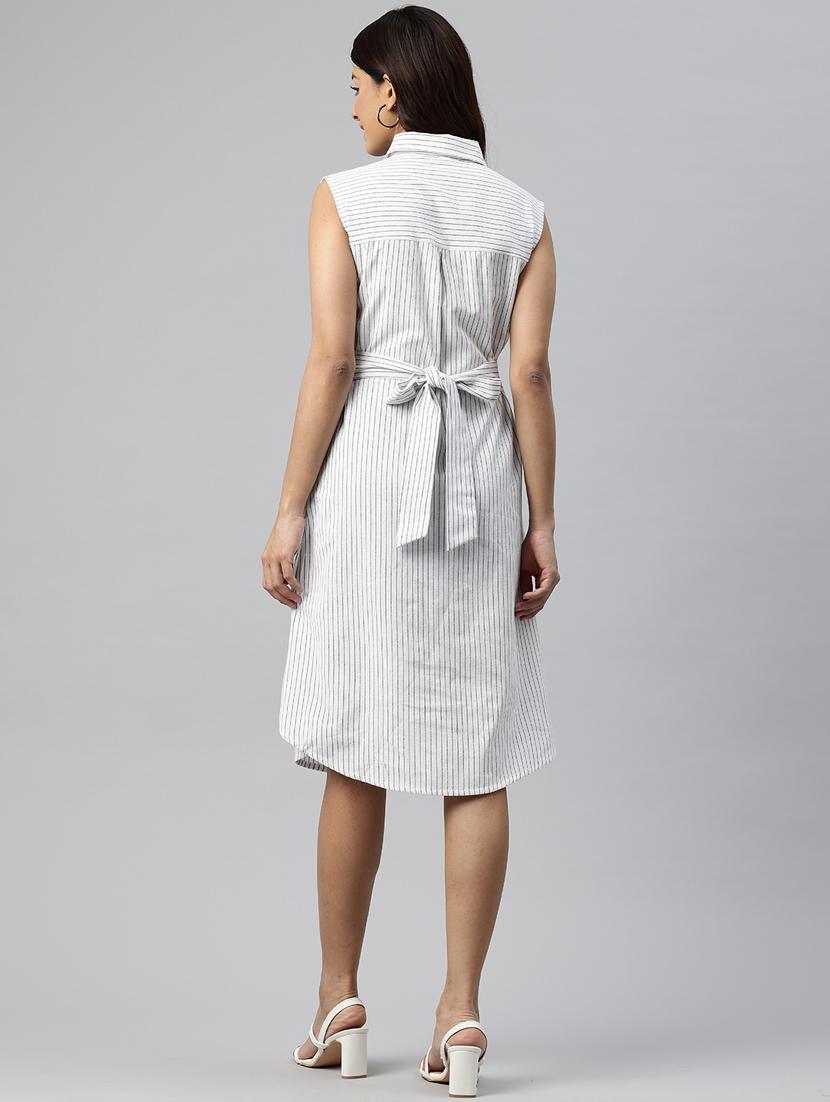 women striped collared sleeveless a-line dress - 21313891 - Standard Image - 3