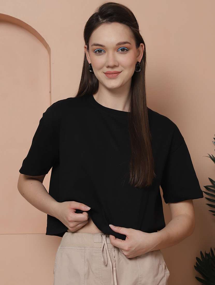 Women Solid Crop Oversized T Shirt