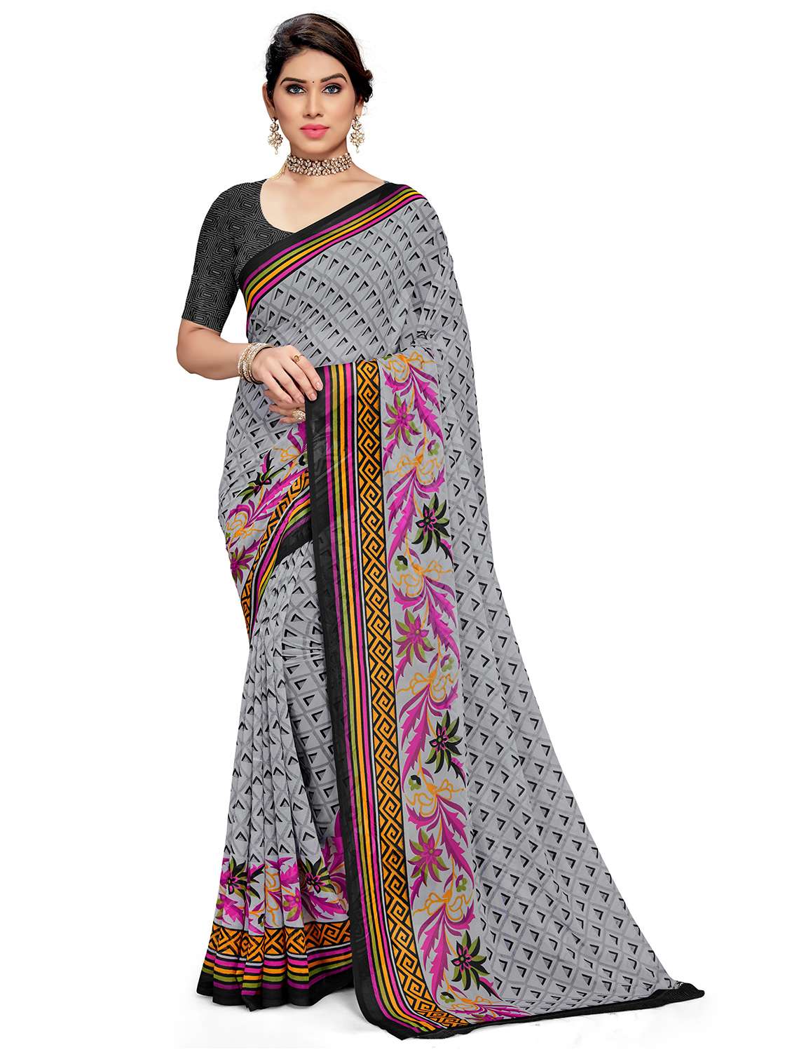 women grey geometric printed saree with blouse - 21317563 - Zoom Image - 0