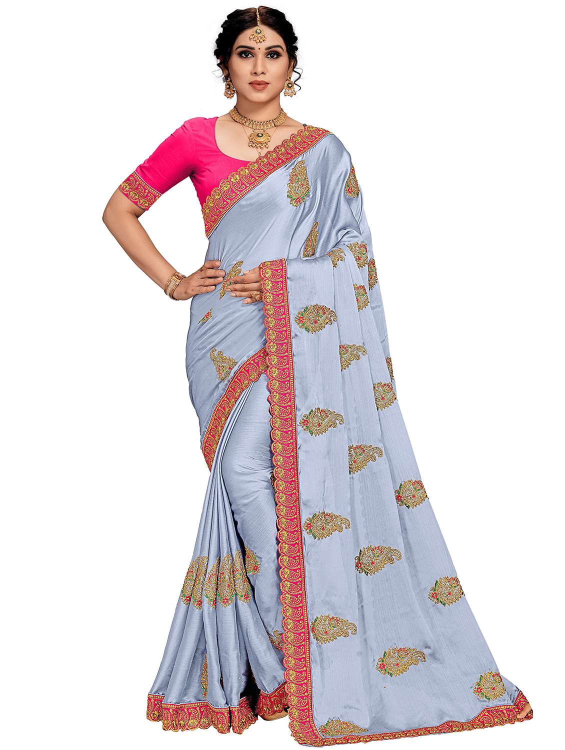women grey embroidered saree with blouse - 21317566 - Zoom Image - 0