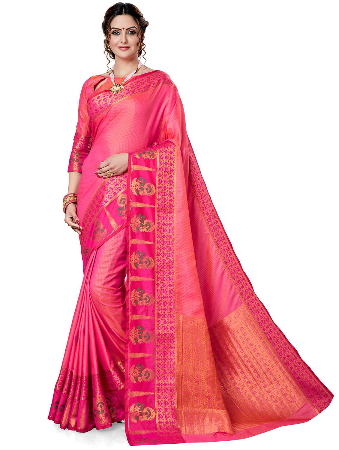 women pink self design banarasi saree with blouse