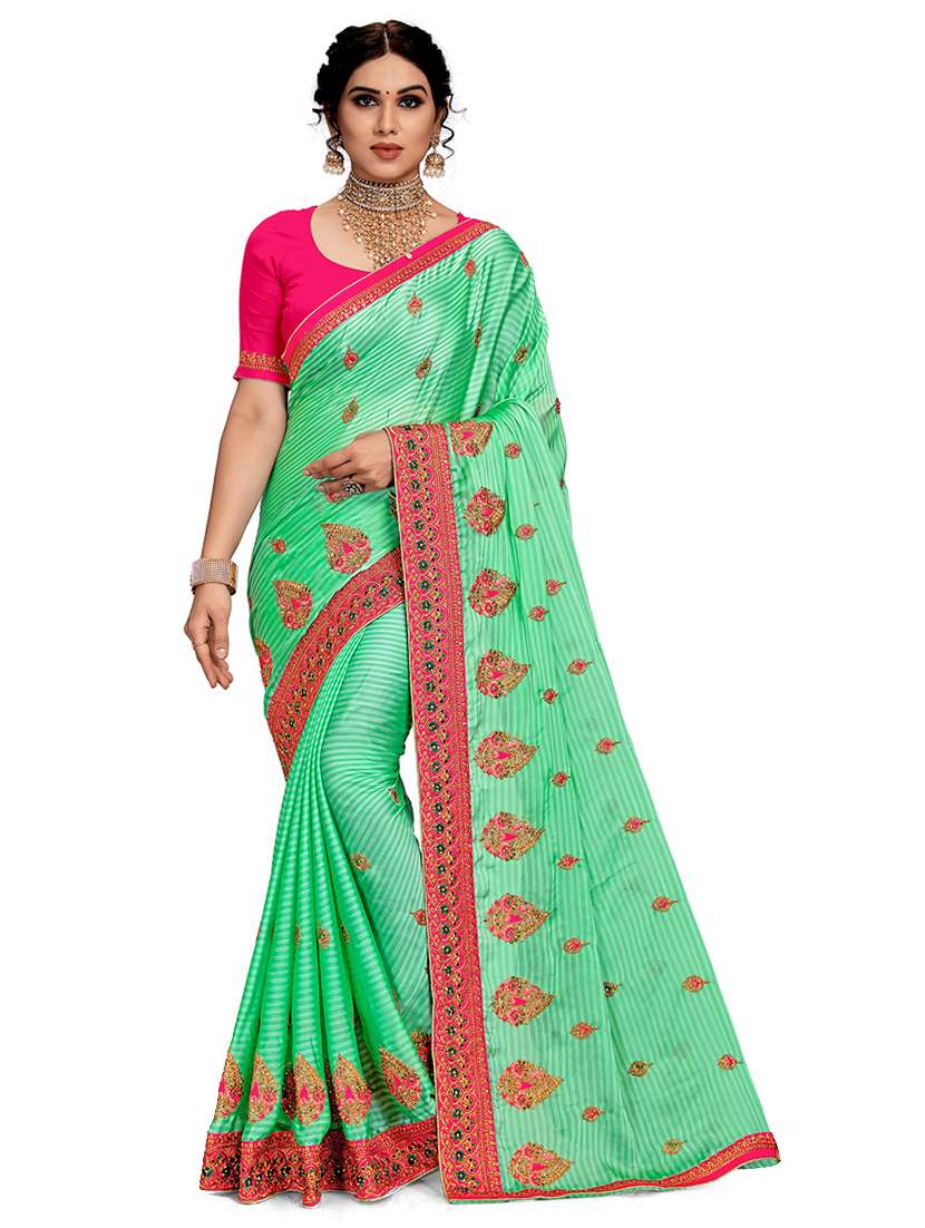 women sea green embroidered saree with blouse