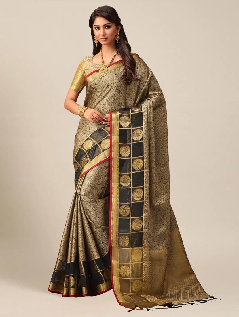 beige silk blend kanjivaram saree with blouse