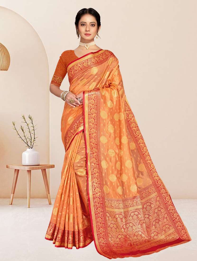 women orange banarasi saree with blouse