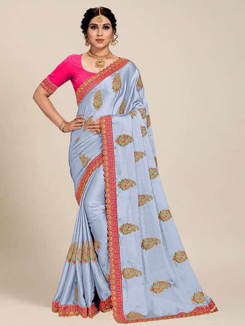 women solid with work embroidered saree with blouse - 21318428 -  Standard Image - 0