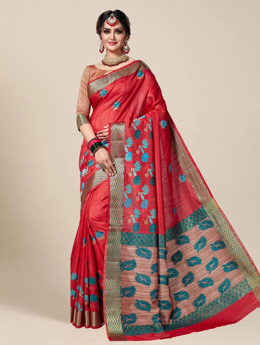 women solid with work embroidered saree with blouse