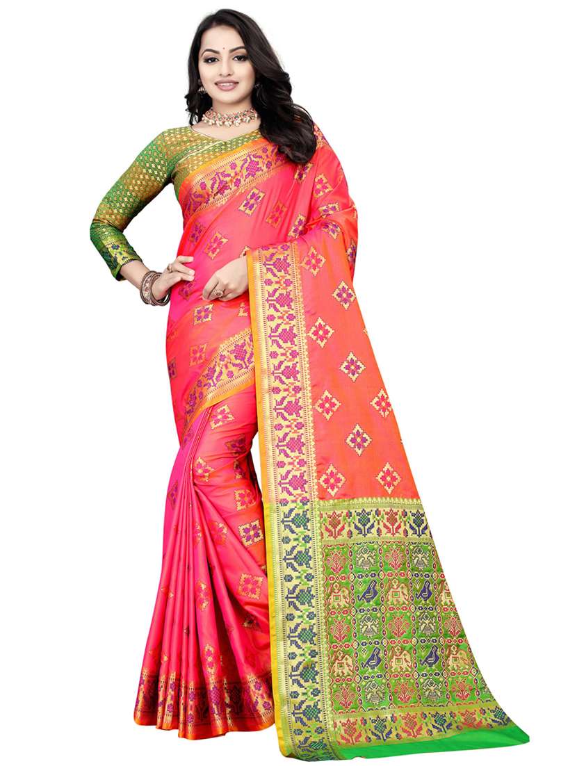 women coral banarasi saree with blouse