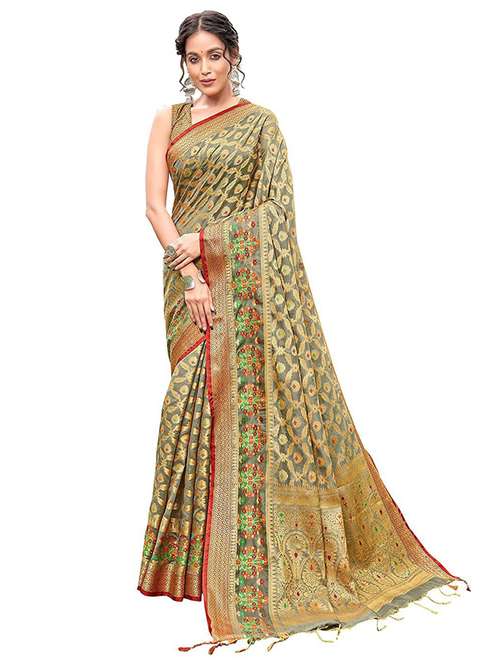 women grey banarasi saree with blouse - 21318655 -  Standard Image - 0