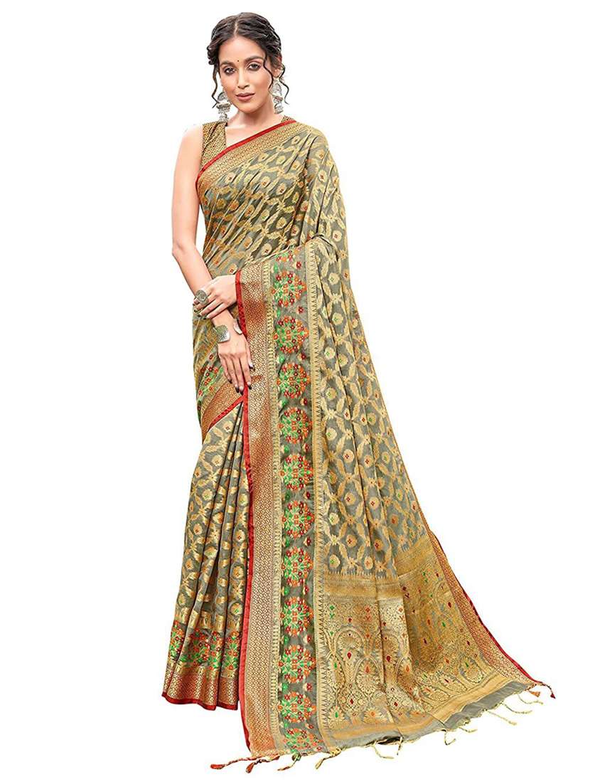 women grey banarasi saree with blouse