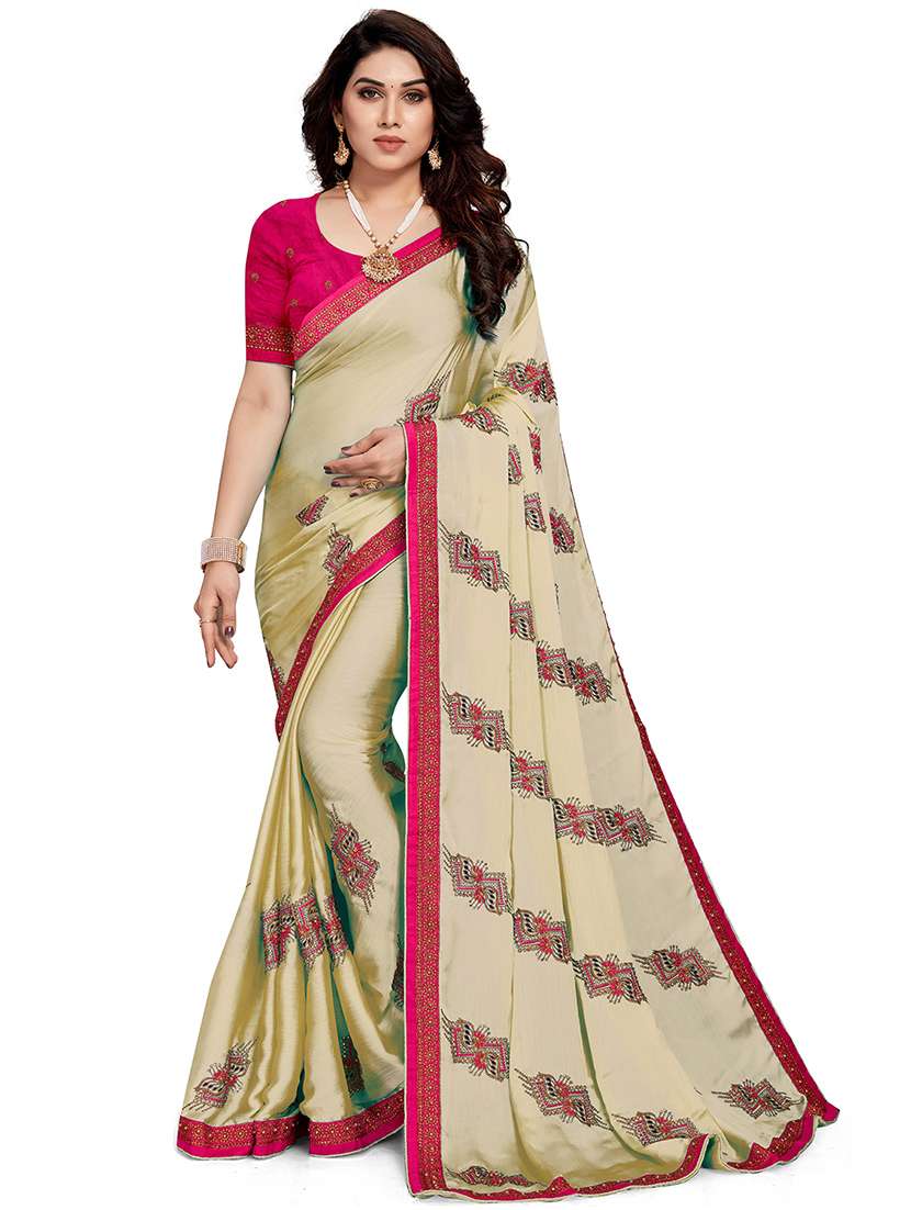 women cream embroidered saree with blouse