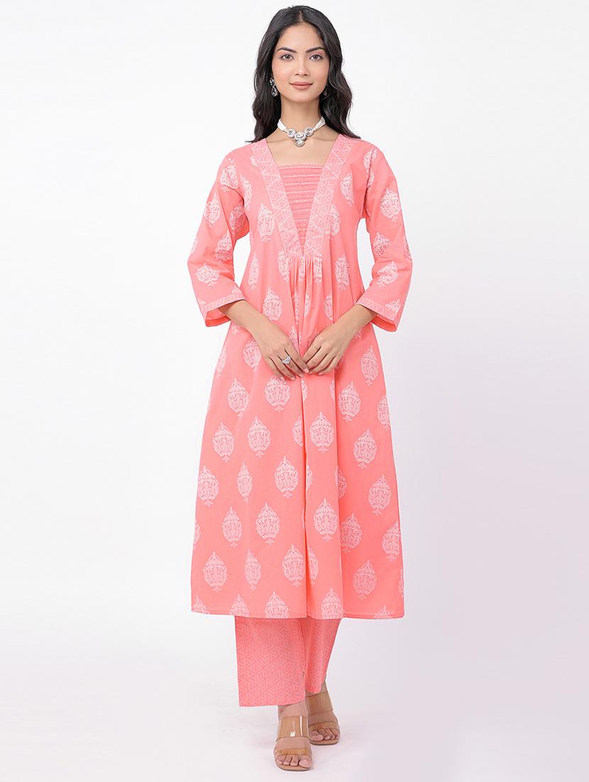 women peach block printed kurta palazzo set - 21320609 - Zoom Image - 0