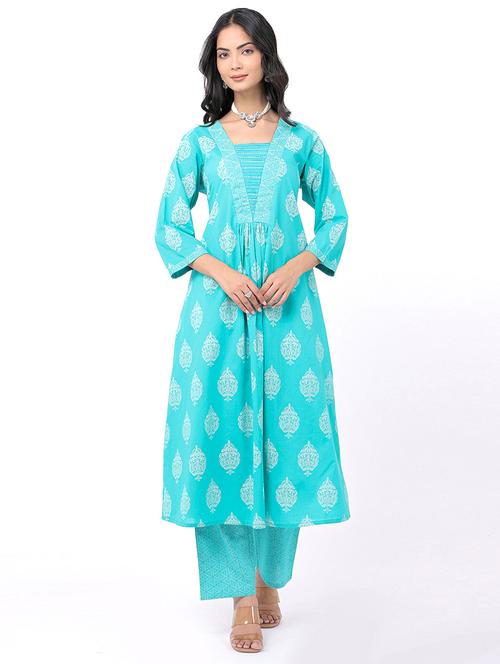 light blue cotton kurta pant set - 21320610 - Standard Image - 0