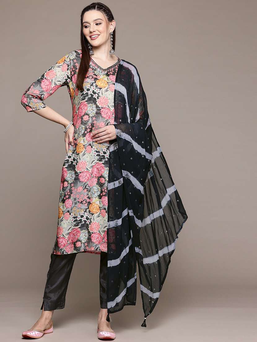 women three quarter sleeve kurta pant with dupatta set