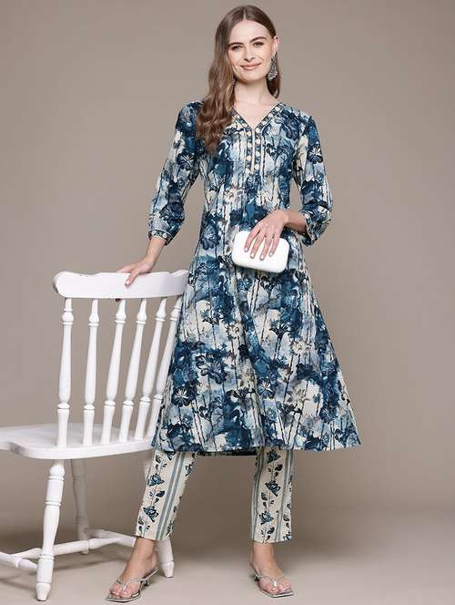 women three quarter sleeve kurta pant set - 21320695 - Standard Image - 0