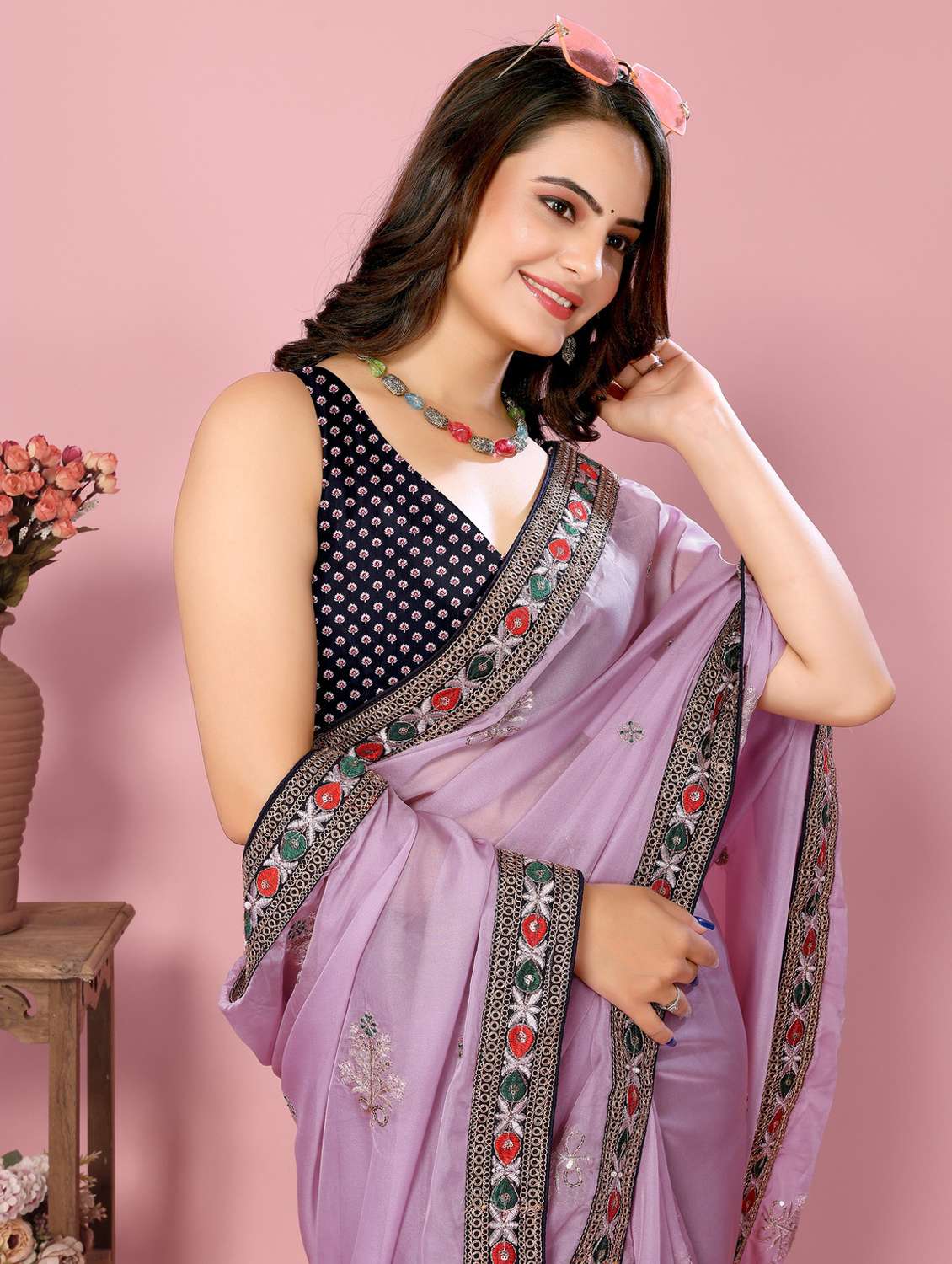 women lavender embroidered saree with blouse - 21320768 -  Standard Image - 3