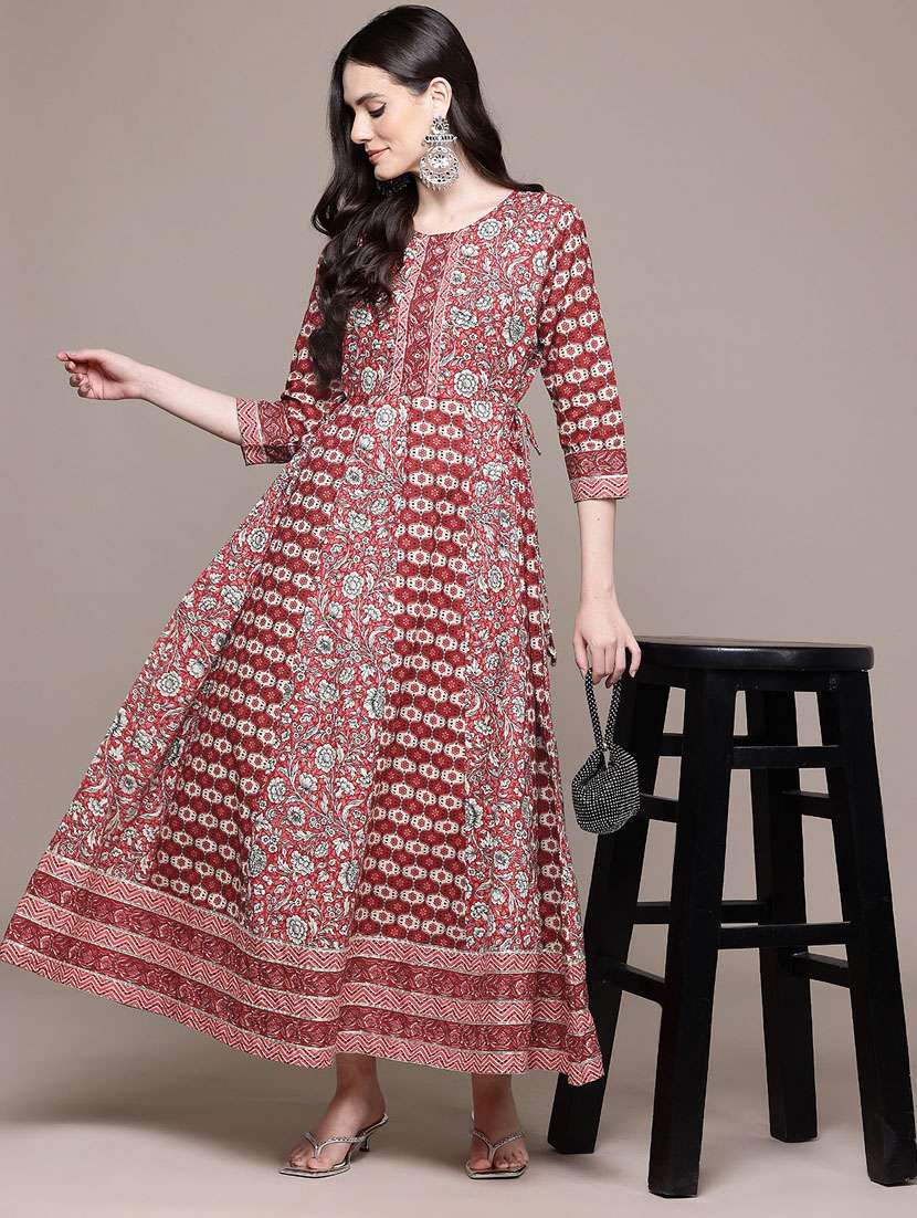 maroon printed flared ethnic dress
