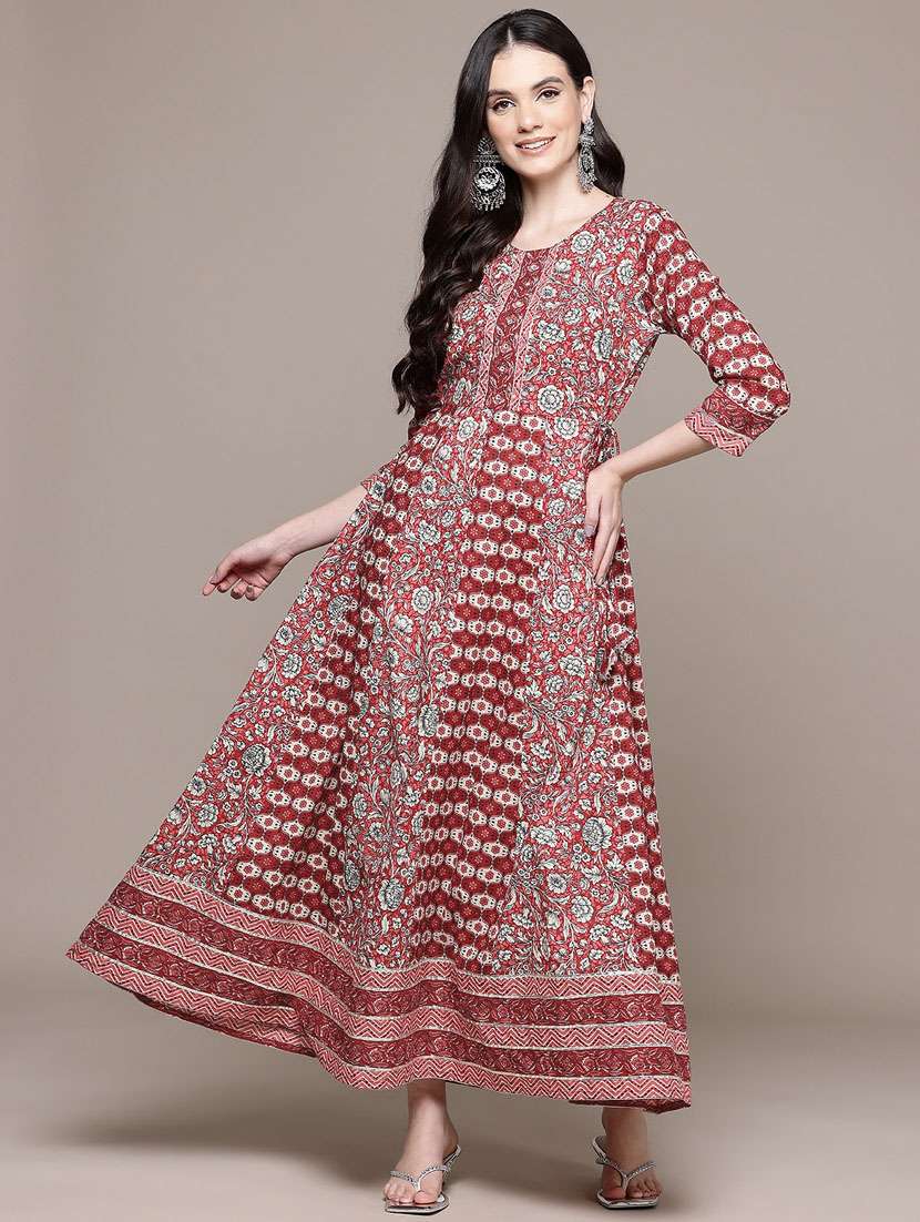 maroon printed flared ethnic dress - 21320778 -  Standard Image - 3