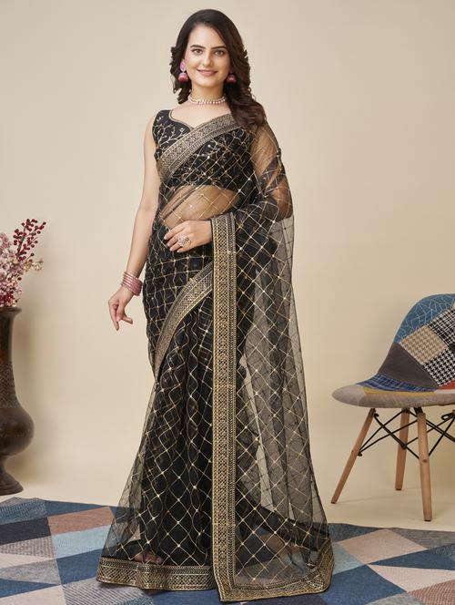women black embroidered saree with blouse - 21320780 - Standard Image - 0