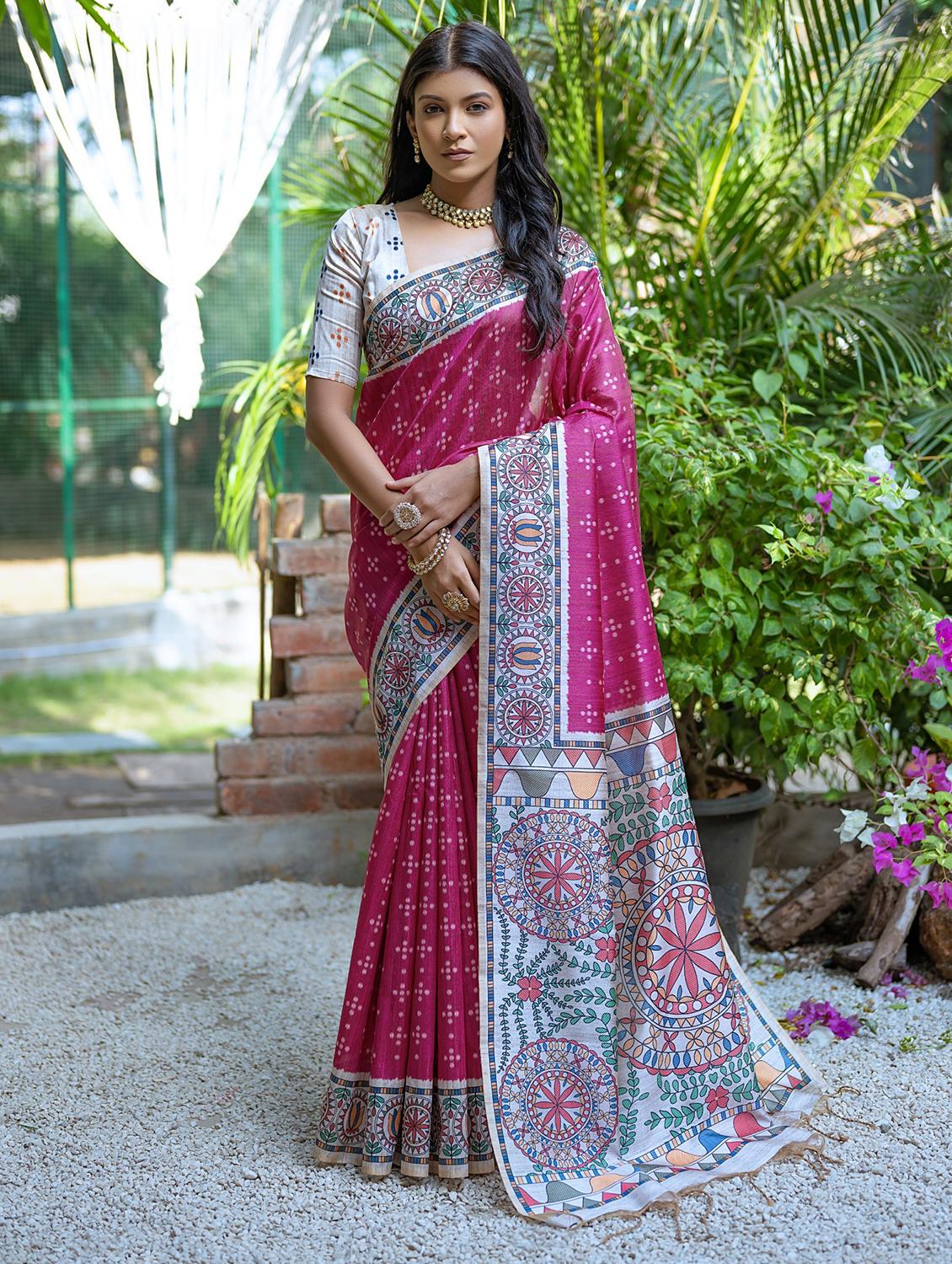 women printed tussar silk saree with blouse
