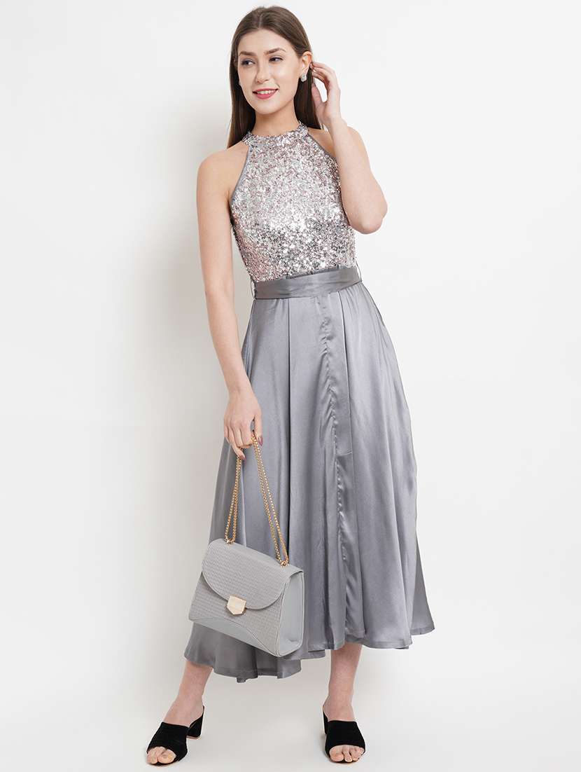 women silver polyester fit & flare dress