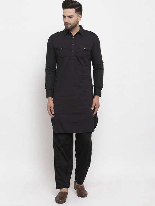 men solids long sleeves pathani kurtas