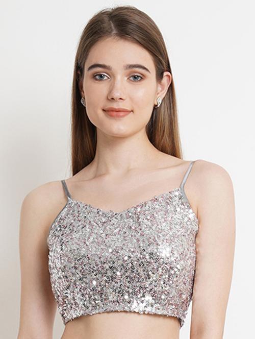 women silver polyester crop top - 21324751 - Standard Image - 0