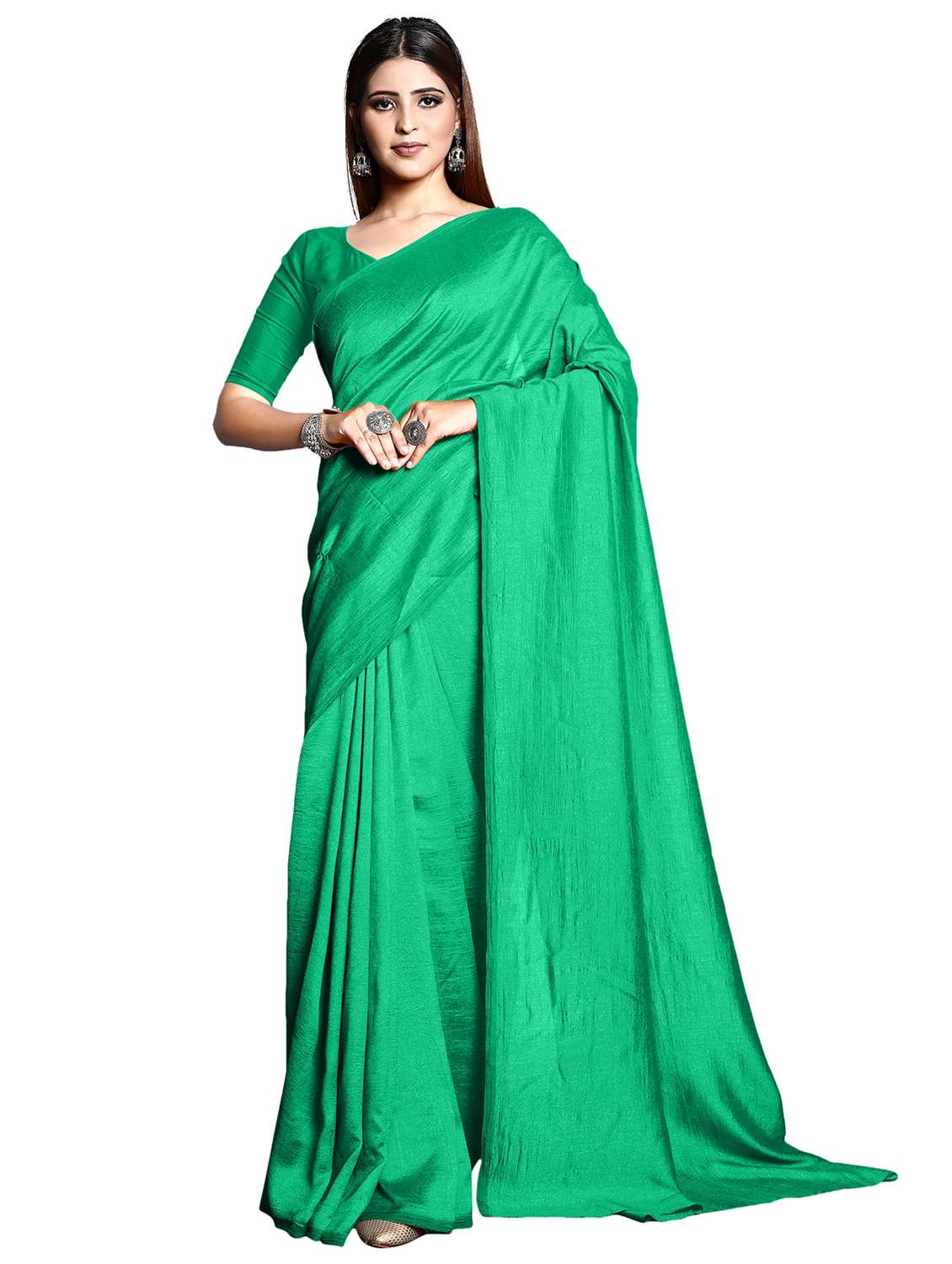 women green plain saree with blouse