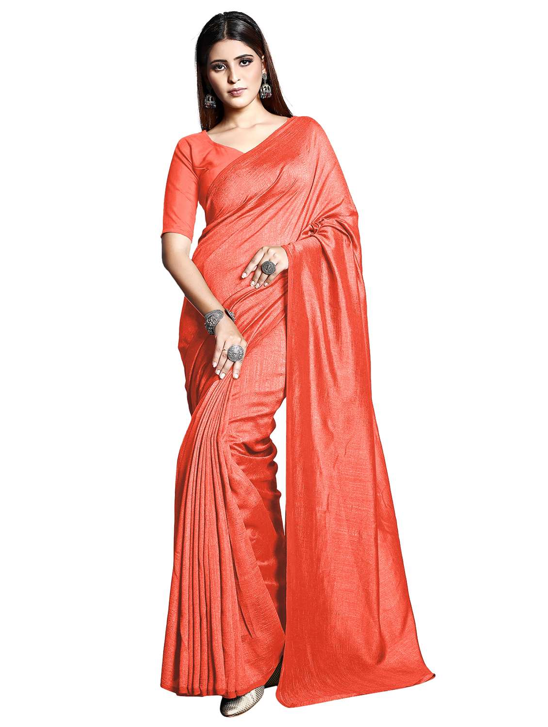 women peach plain saree