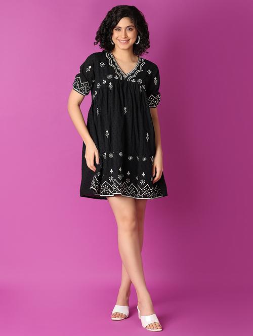 women black embroidered fit & flare dress - 21325028 - Standard Image - 0