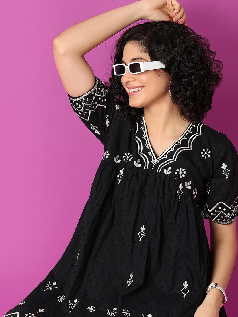 women black embroidered fit & flare dress - 21325028 - Standard Image - 3