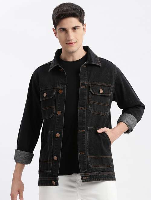 black solid denim jacket - 21325470 - Standard Image - 0