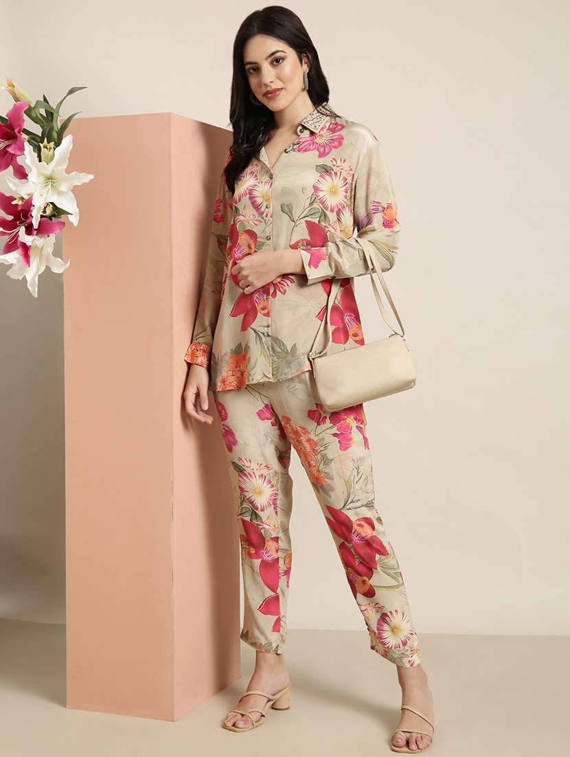women beige viscose shirt and trouser co-ord set - 21325486 -  Zoom Image - 0