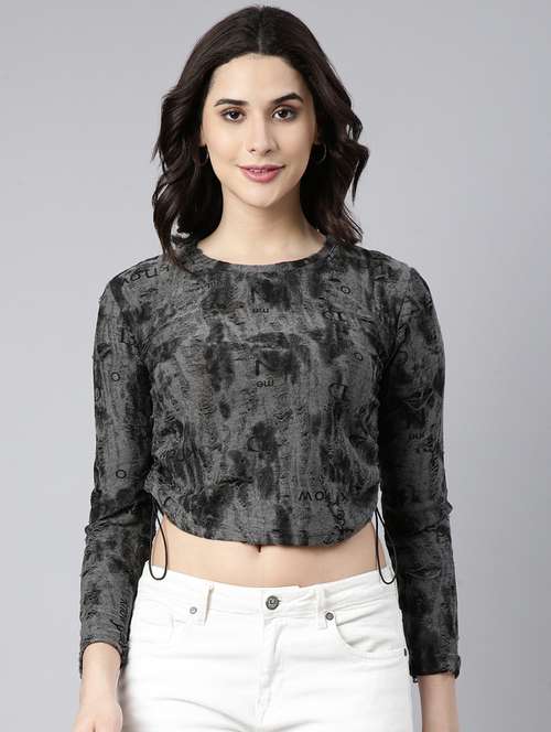 women grey cotton blend regular top - 21325602 - Standard Image - 0