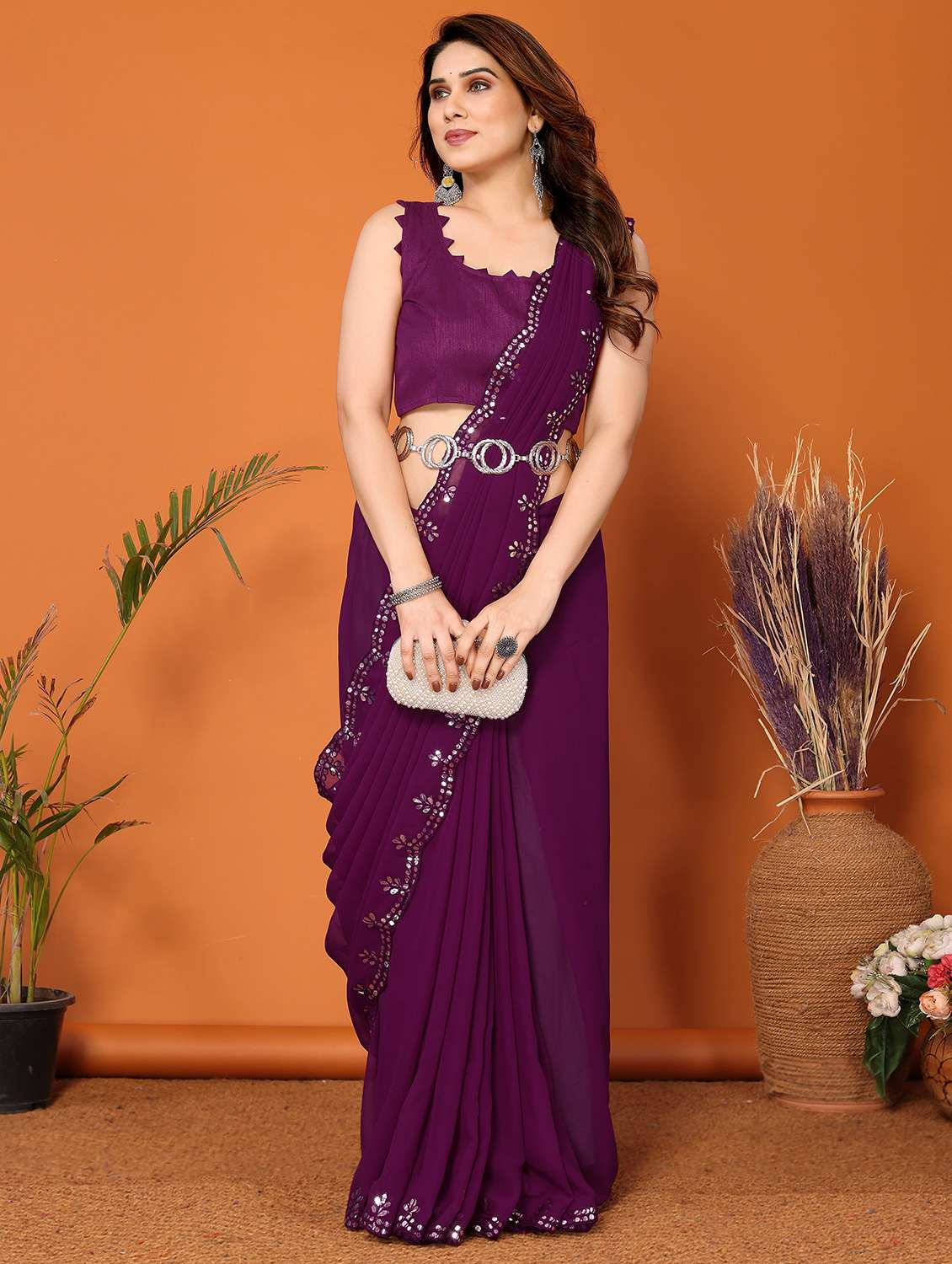 women solid with work saree with blouse