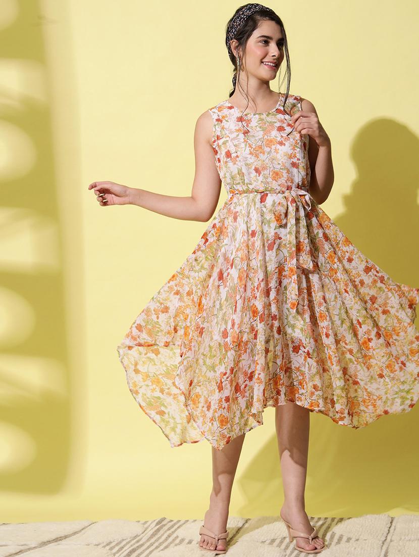 women printed sleeveless asymmetric dress