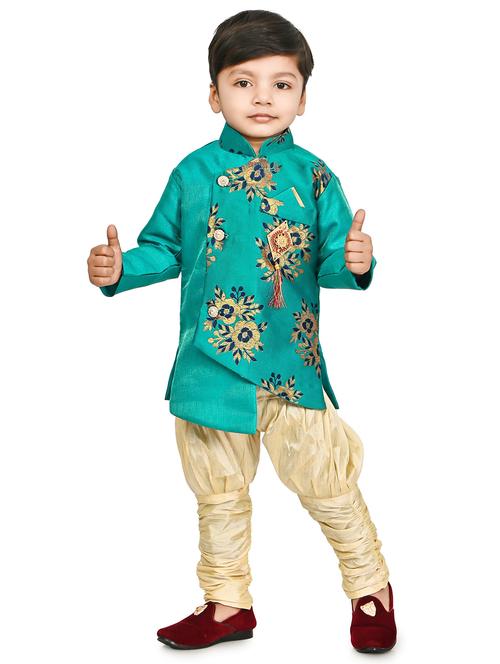 kids sea green silk blend sherwani set - 21331576 - Standard Image - 0