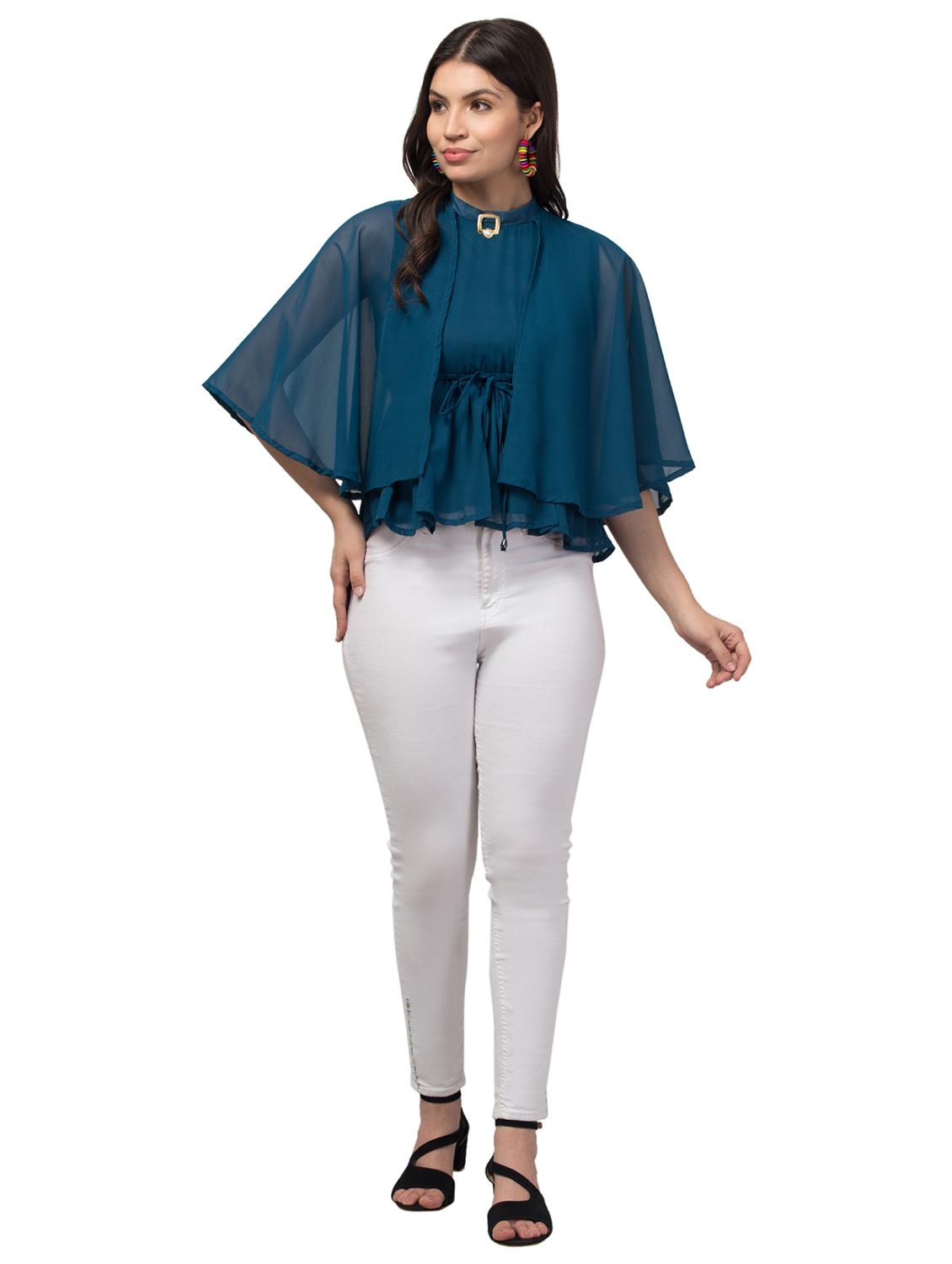 women teal blue georgette a-line top - 21332967 - Standard Image - 3