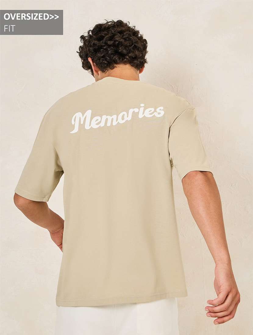 men beige cotton back print t-shirt