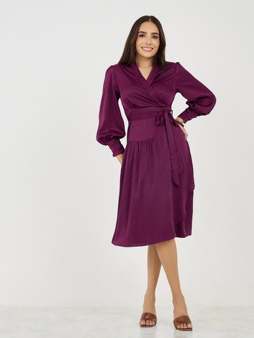 women solid puff sleeves wrap dress - 21334274 -  Standard Image - 0