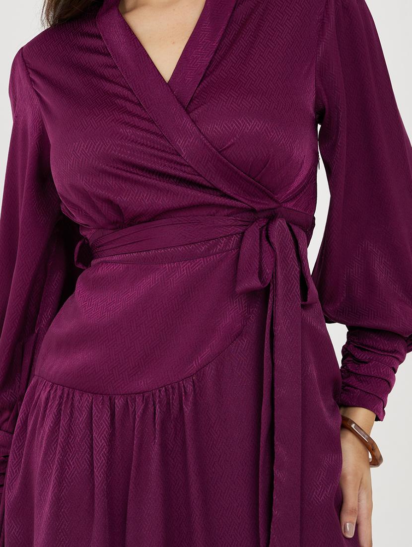 women solid puff sleeves wrap dress - 21334274 - Standard Image - 3