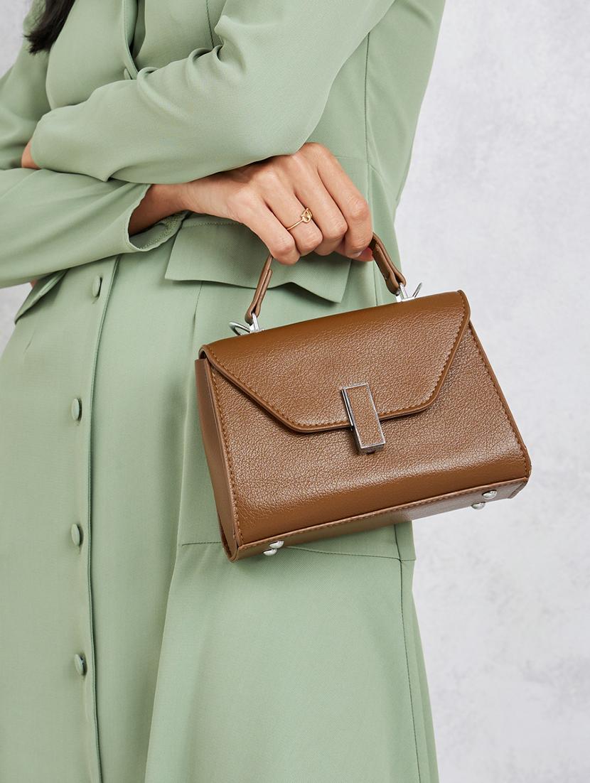 brown leatherette (pu) solid handbag - 21334344 - Standard Image - 3