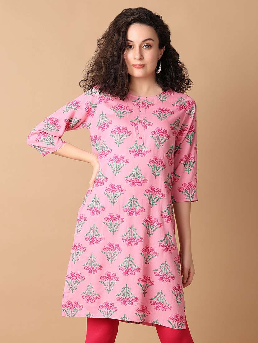 women pink floral round neck straight kurti