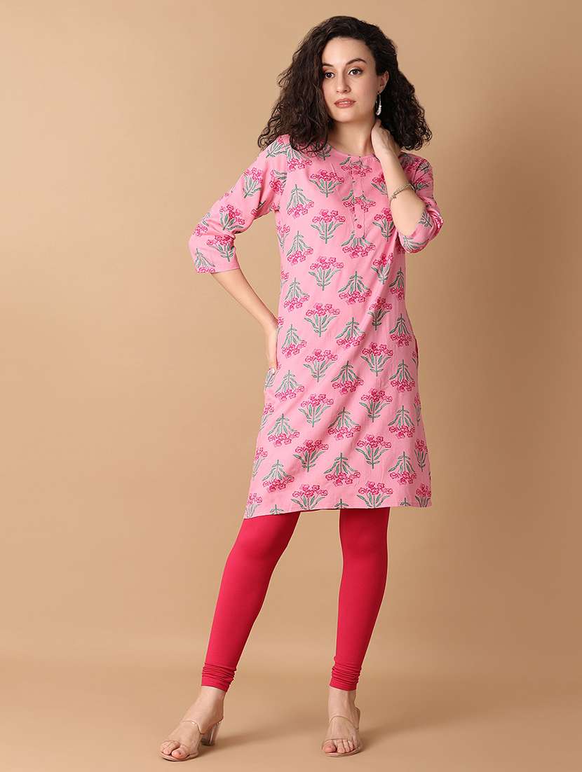 women pink floral round neck straight kurti - 21335915 -  Standard Image - 3