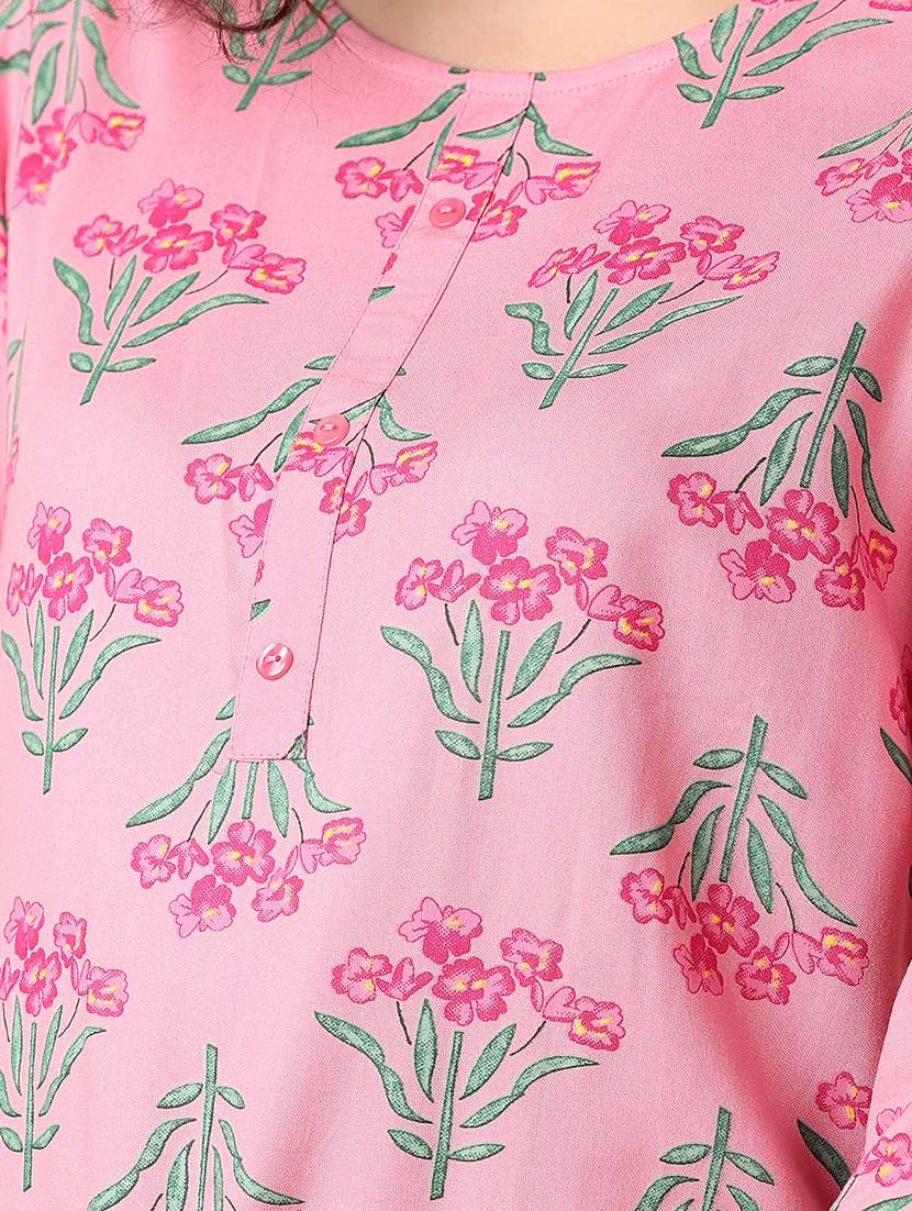 women pink floral round neck straight kurti - 21335915 -  Standard Image - 5
