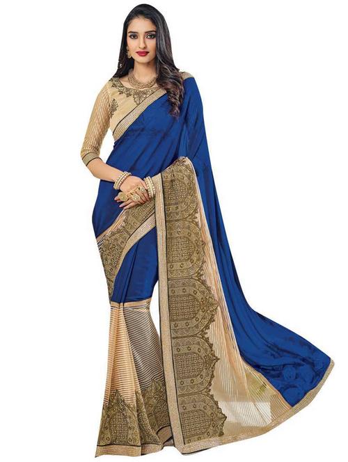 women blue solid printed georgette saree with blouse - 21337021 - Standard Image - 0