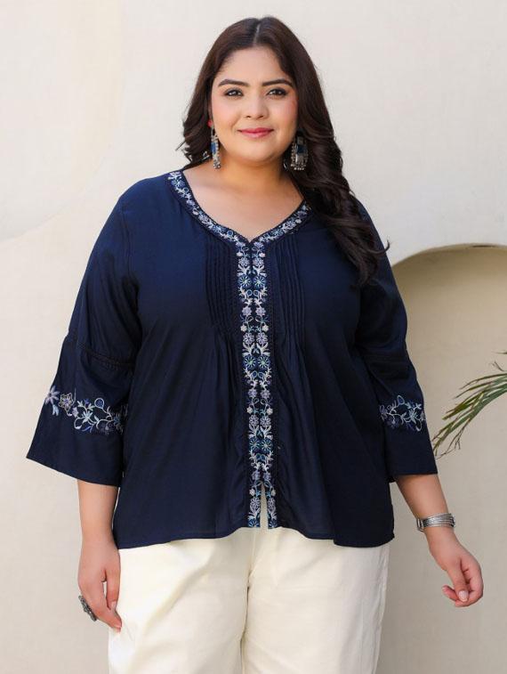 women navy blue rayon plus size tunic