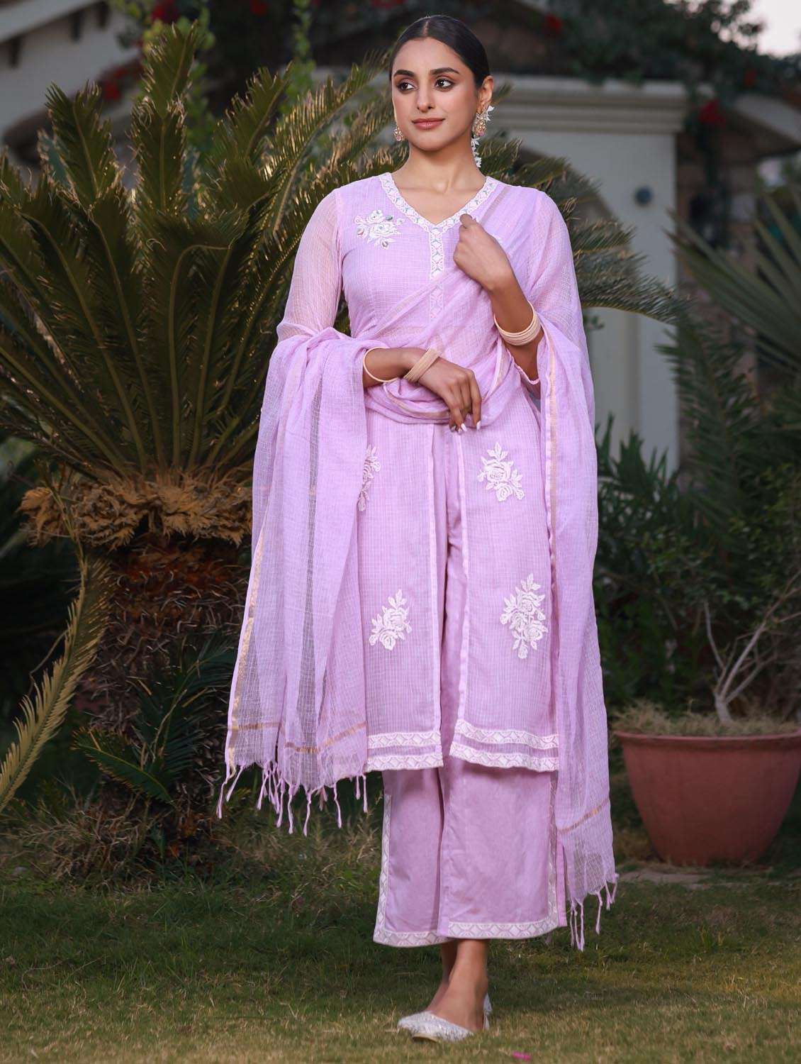 women three quarter sleeve kurta palazzo with dupatta set